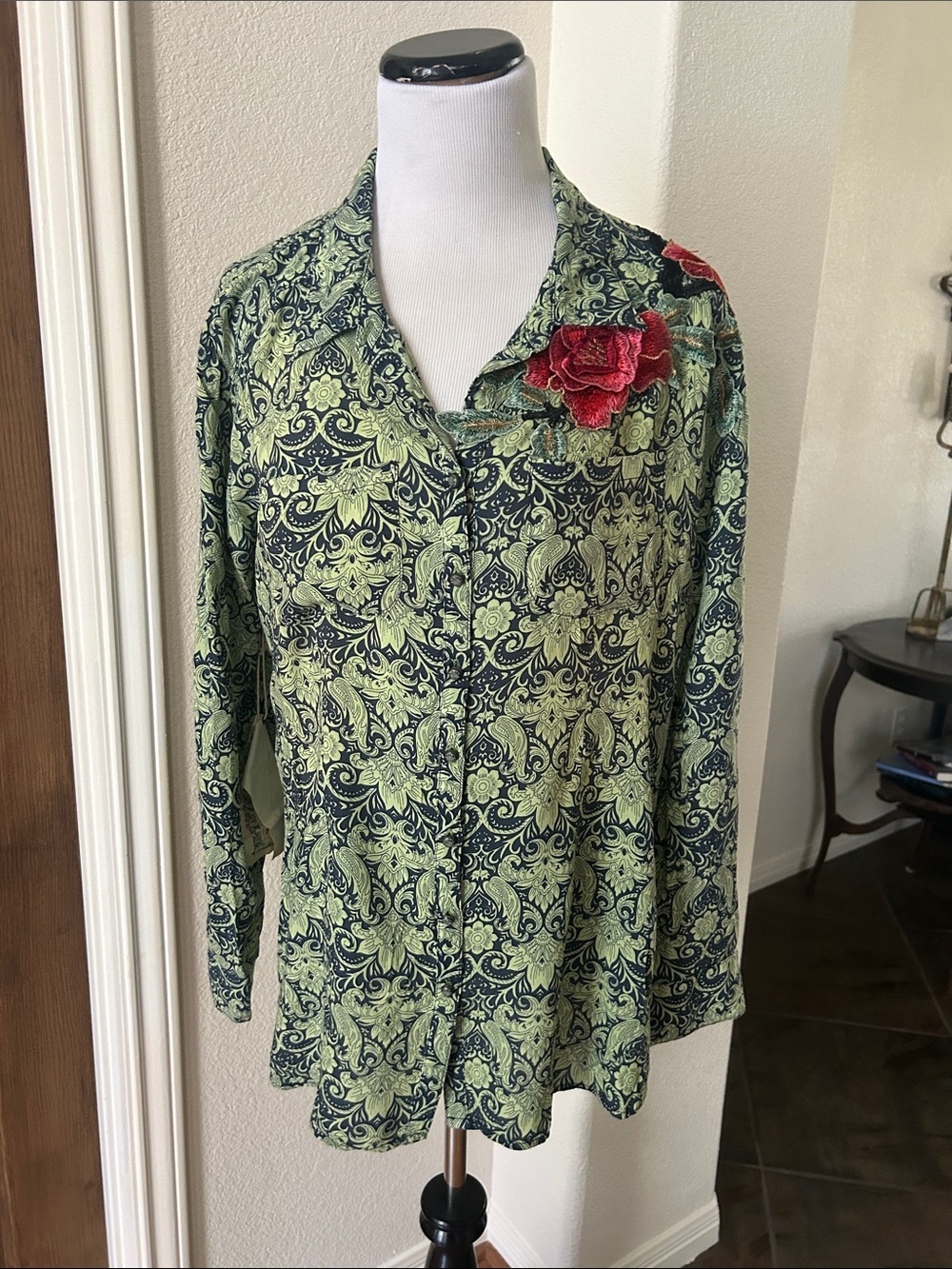 Aratta Bohemian Boho Top Tunic Greens Festival Large Florals